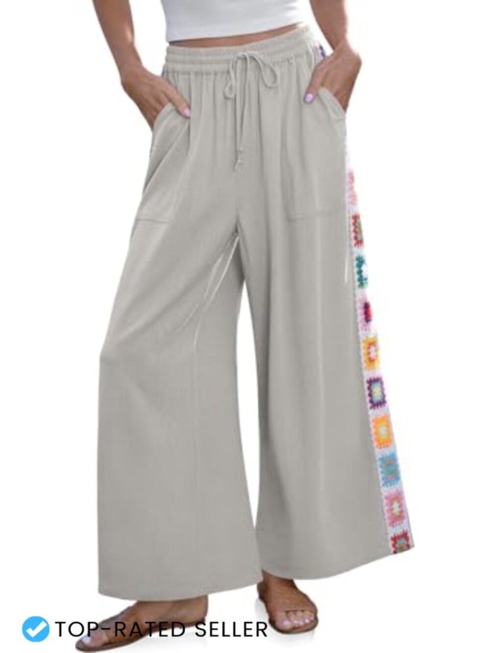 Women Wide Leg Linen Blend Palazzo Pants Boho Drawstring Casual